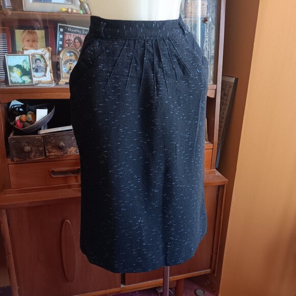 Vintage Women's Skirt 24W 1950's Wool Black/Blue Fleck Midi MCM Atomic Small - Picture 1 of 8